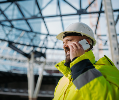 Job Bauleiter TGA Bauleiter TGA telefoniert während der Besichtigung der Baustelle.